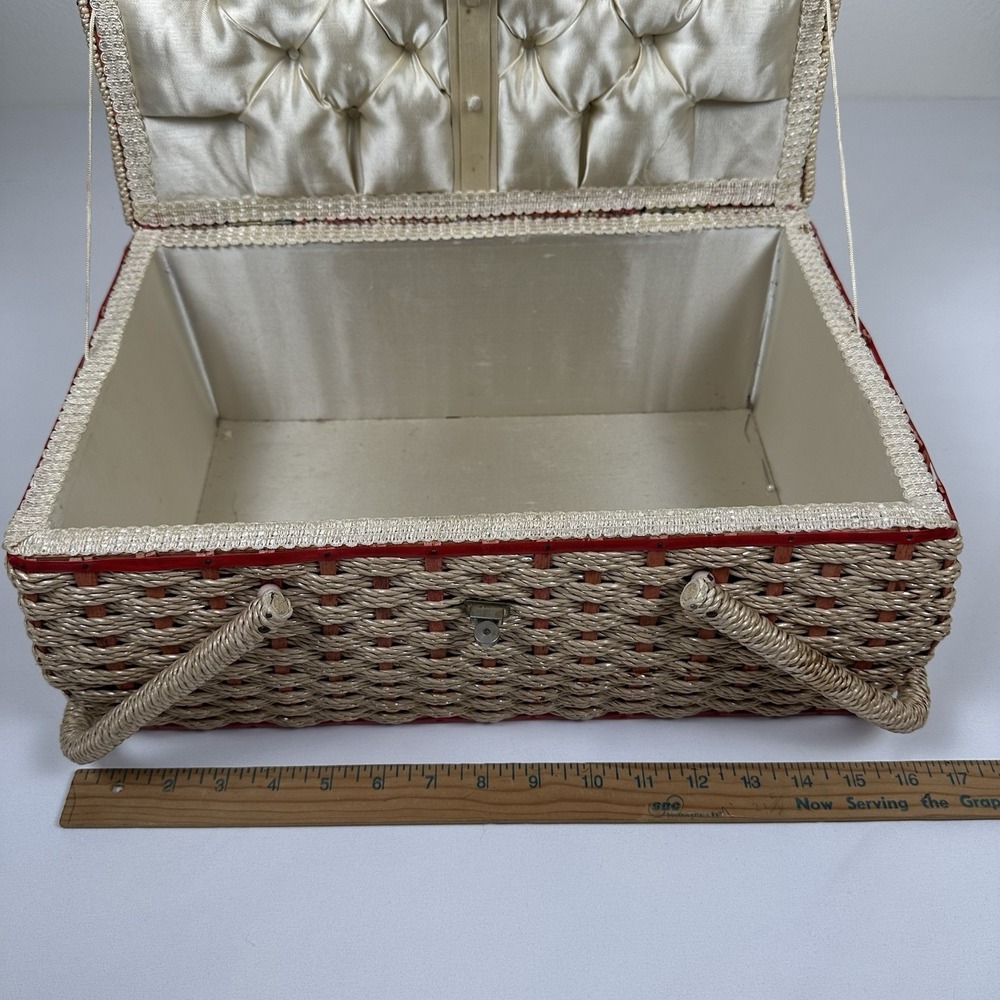 Vtg Japan Woven Wicker Sewing Basket Box Chenille Floral Lid Brass Latch - Picture 11 of 16